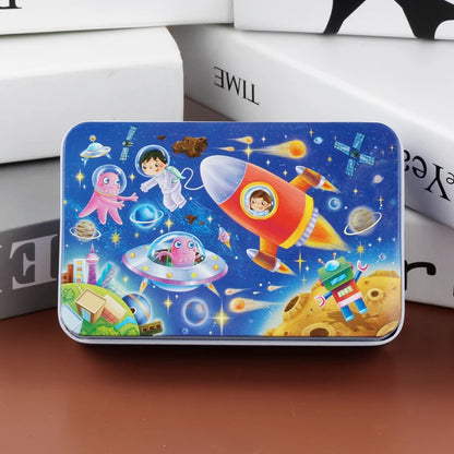 Puzzle de dessin animé 60 pièces avec boîte en métal, Puzzle de véhicule Animal d'éducation précoce pour enfants, jeu d'interaction Parent-enfant