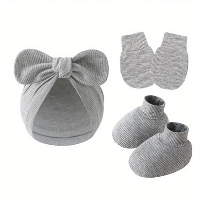3 pièces/ensemble bébé nœud chapeau gants chaussettes coton nouveau-né Bonnet couleur unie Bonnet pour filles garçons infantile douche cadeaux 0-6M