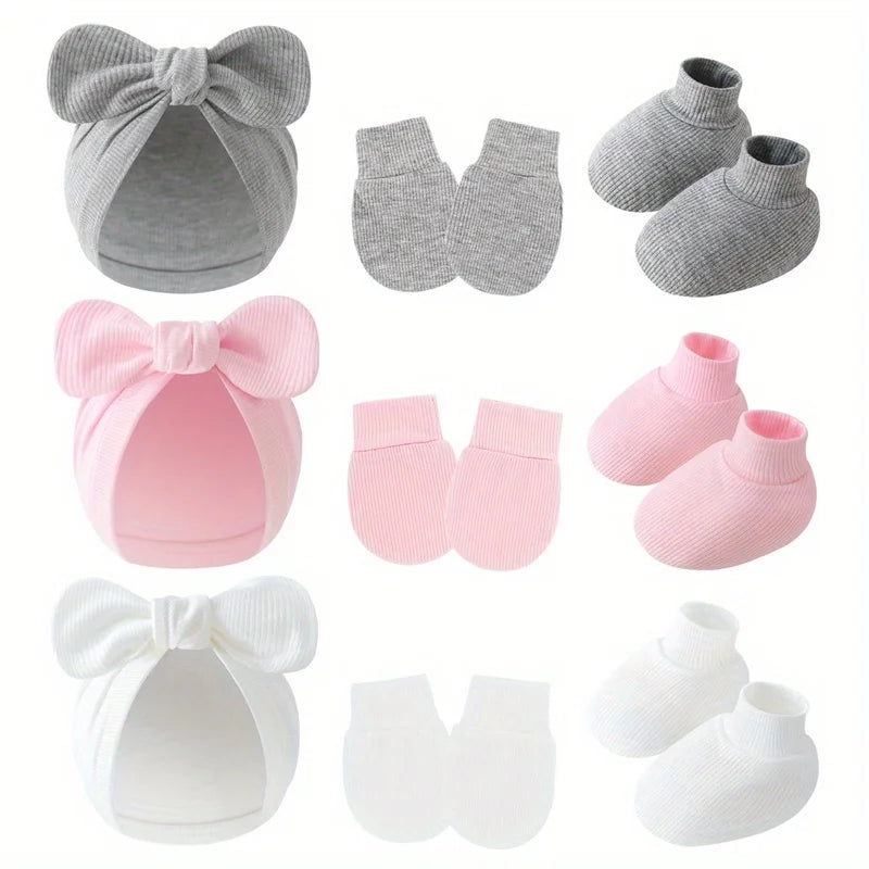 3 pièces/ensemble bébé nœud chapeau gants chaussettes coton nouveau-né Bonnet couleur unie Bonnet pour filles garçons infantile douche cadeaux 0-6M