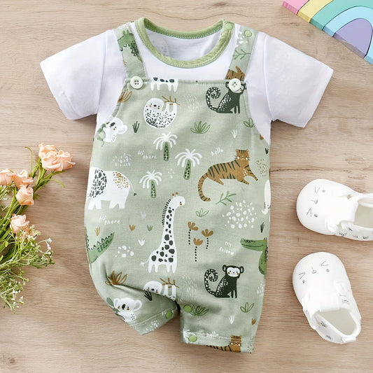 IURNXB-Barboteuse à imprimé animal de zoo pour bébé garçon, costume de batterie deux pièces pour nouveau-né, vêtements de jeu décontractés, manches courtes, faux