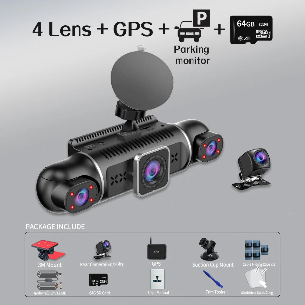 Caméra de tableau de bord DVR pour voiture, 64 go, 360 degrés, WiFi, GPS, moniteur de stationnement 24h, 4 objectifs * HD 1080P, enregistreur vidéo, contrôle par application, outil filaire