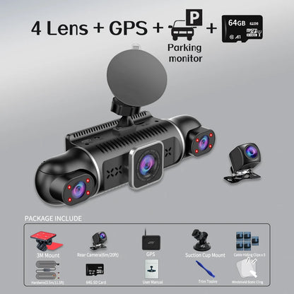 Caméra de tableau de bord DVR pour voiture, 64 go, 360 degrés, WiFi, GPS, moniteur de stationnement 24h, 4 objectifs * HD 1080P, enregistreur vidéo, contrôle par application, outil filaire