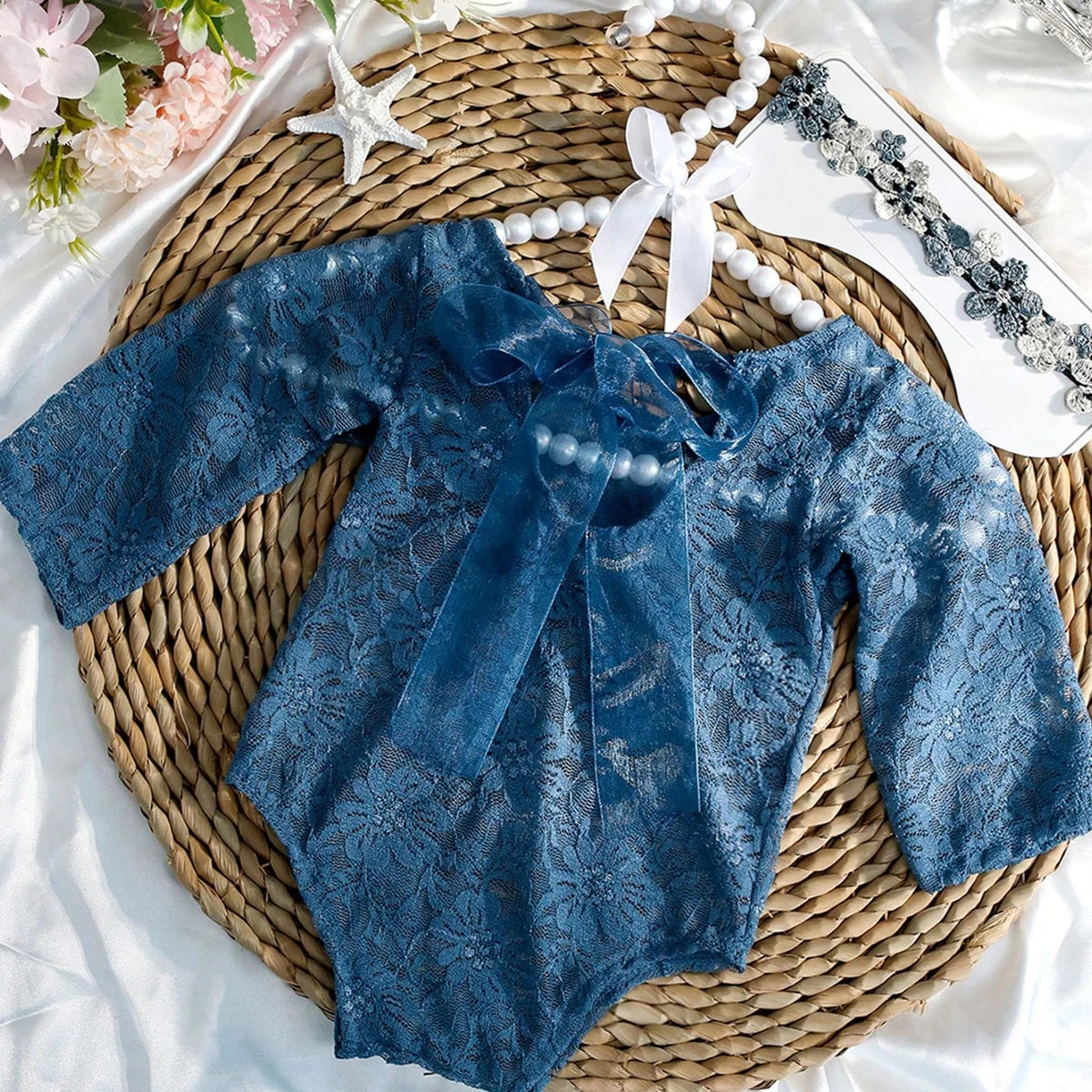 Ylsteed – ensemble 2 pièces pour nouveau-né, barboteuse en dentelle, tenues de photographie pour nourrissons avec bandeau assorti, accessoires de prise de vue Photo pour bébé fille
