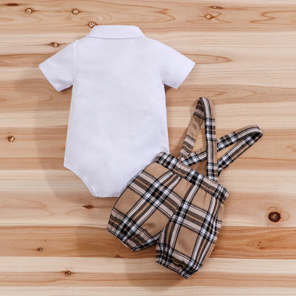 IURNXB – ensemble de vêtements pour bébé, 2 pièces, manches courtes, body ours à carreaux + pantalon à bretelles, tenues pour nouveau-né de 1 à 18 mois