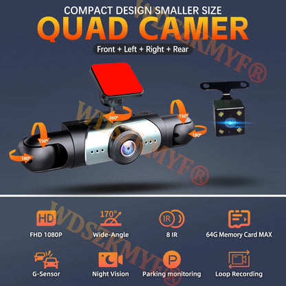 NOUVEAU 360 °   Caméra de voiture 3/4 objectif 1080P Dash Cam Auto 1080P caméra d'enregistrement de voiture voiture DVR avant gauche droite caméra de recul boîte noire dashcam voiture，caméra de recul，caméra voiture