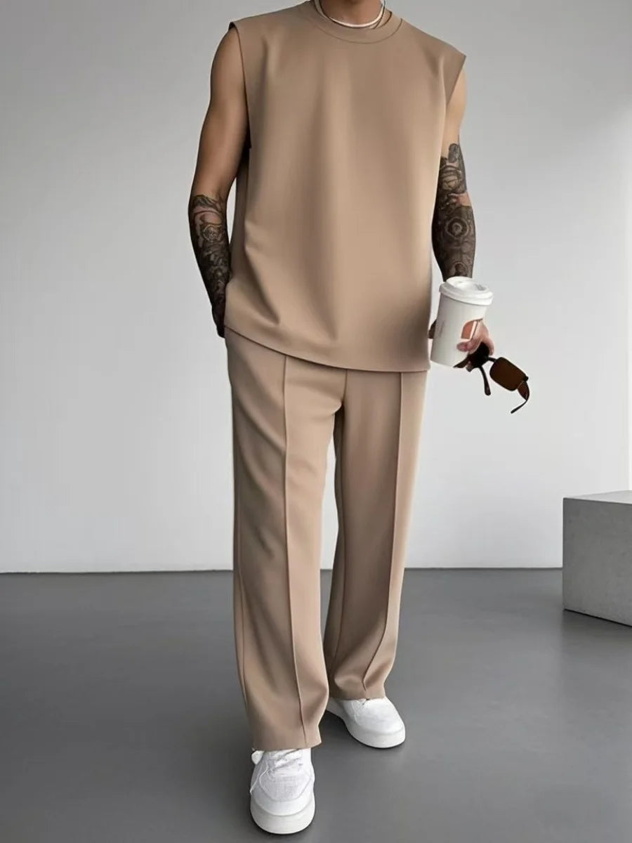 Nouveau costume de sport sans manches d'été 2025 pantalon de couleur unie décontracté pour hommes vêtements pour hommes gilet ensemble deux pièces,