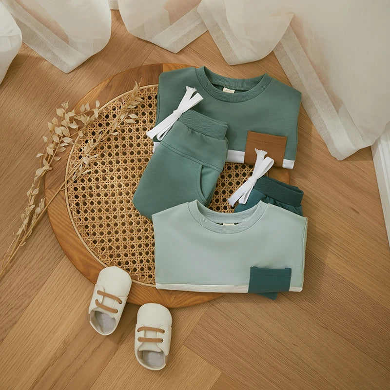 Survêtement d'hiver 2 pièces pour bébé, tenues pour garçons en bas âge, couleur contrastée, sweat-shirt à manches longues, hauts et pantalons longs, ensemble de vêtements pour tout-petits
