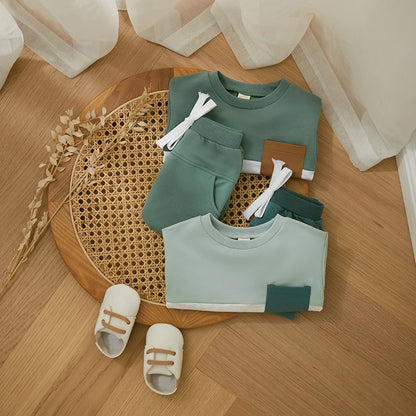 Survêtement d'hiver 2 pièces pour bébé, tenues pour garçons en bas âge, couleur contrastée, sweat-shirt à manches longues, hauts et pantalons longs, ensemble de vêtements pour tout-petits