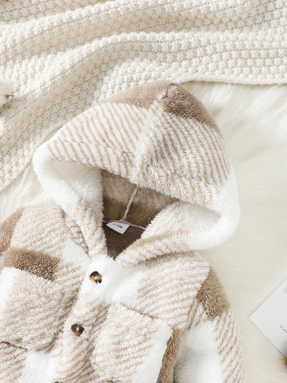 Barboteuse à carreaux pour bébés garçons et filles, combinaison à capuche et manches longues en peluche, vêtements chauds d'hiver pour tout-petits garçons de 3 à 24 mois
