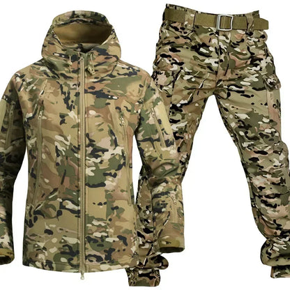 Combinaison camouflage épaisse pour hommes, ensemble d'entraînement tactique imperméable, veste à capuche multi-poches, pantalon polaire, chasse en plein air, 2 pièces, hiver