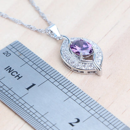 Ensemble de bijoux en argent Zircon violet 925, boucles d'oreilles de mariée, bracelets à breloques pour femmes, bague, pendentif, collier, bijoux de mariage