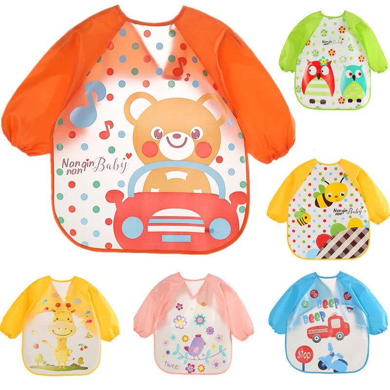 Bavoir anti-salissures pour bébé de 0 à 3 ans, manteau à manches longues, avec sangle, doux, mignon, motif de dessin animé, D343