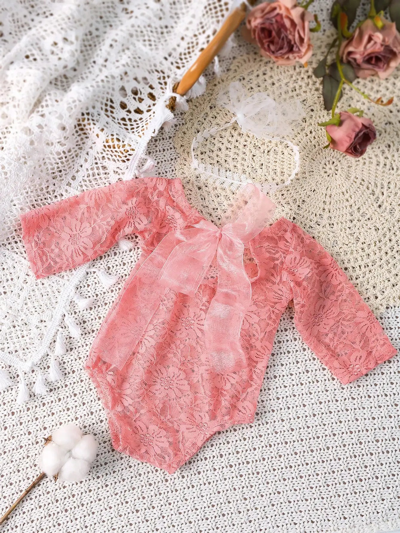 Ylsteed – ensemble 2 pièces pour nouveau-né, barboteuse en dentelle, tenues de photographie pour nourrissons avec bandeau assorti, accessoires de prise de vue Photo pour bébé fille