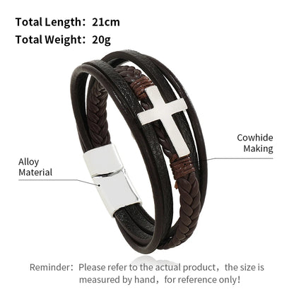 Bracelets en cuir pour hommes, en acier inoxydable, multicouches, en corde tressée, bijoux cadeaux, 21CM