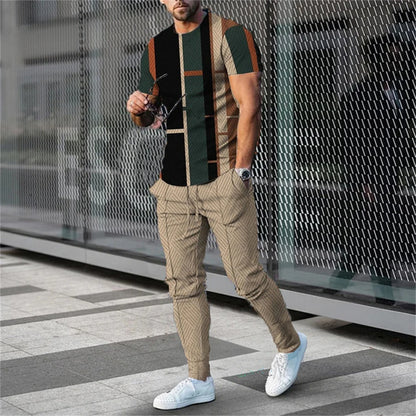 Ensemble de survêtement à manches courtes pour hommes, t-shirt décontracté, olympiques Y-pantalon, vêtements à col rond, mode sportive, fjCasual, 2 pièces