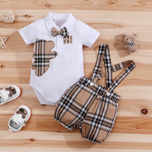 IURNXB – ensemble de vêtements pour bébé, 2 pièces, manches courtes, body ours à carreaux + pantalon à bretelles, tenues pour nouveau-né de 1 à 18 mois