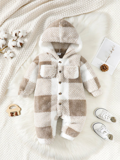 Barboteuse à carreaux pour bébés garçons et filles, combinaison à capuche et manches longues en peluche, vêtements chauds d'hiver pour tout-petits garçons de 3 à 24 mois
