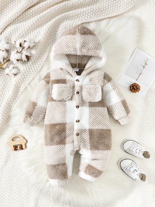 Barboteuse à carreaux pour bébés garçons et filles, combinaison à capuche et manches longues en peluche, vêtements chauds d'hiver pour tout-petits garçons de 3 à 24 mois