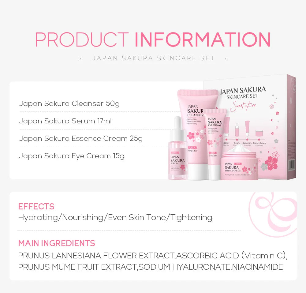 LAIKOU Sakura ensembles de soins de la peau nettoyant pour le visage crèmes pour les yeux crème pour le visage sérum Lotion Toner éclaircissant hydratant Kit de soins du visage