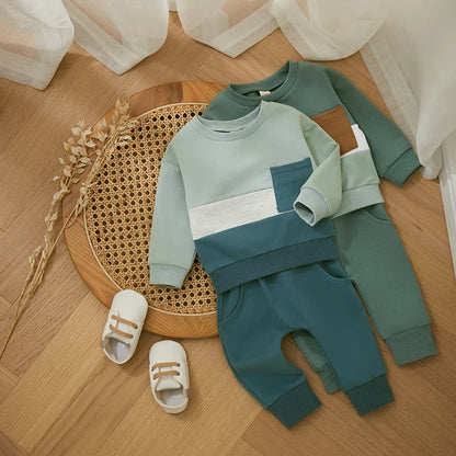 Survêtement d'hiver 2 pièces pour bébé, tenues pour garçons en bas âge, couleur contrastée, sweat-shirt à manches longues, hauts et pantalons longs, ensemble de vêtements pour tout-petits