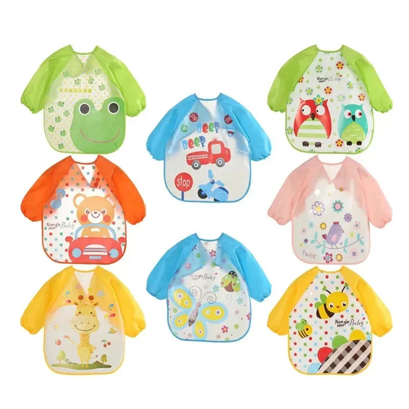 Bavoir anti-salissures pour bébé de 0 à 3 ans, manteau à manches longues, avec sangle, doux, mignon, motif de dessin animé, D343