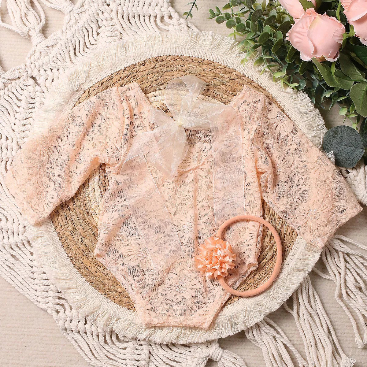 Ylsteed – ensemble 2 pièces pour nouveau-né, barboteuse en dentelle, tenues de photographie pour nourrissons avec bandeau assorti, accessoires de prise de vue Photo pour bébé fille
