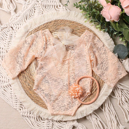 Ylsteed – ensemble 2 pièces pour nouveau-né, barboteuse en dentelle, tenues de photographie pour nourrissons avec bandeau assorti, accessoires de prise de vue Photo pour bébé fille