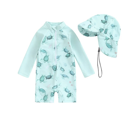 Tregren – maillot de bain pour garçons, protection contre les éruptions cutanées, manches longues, imprimé tortue/dinosaure, avec bonnets de bain, vêtements de plage
