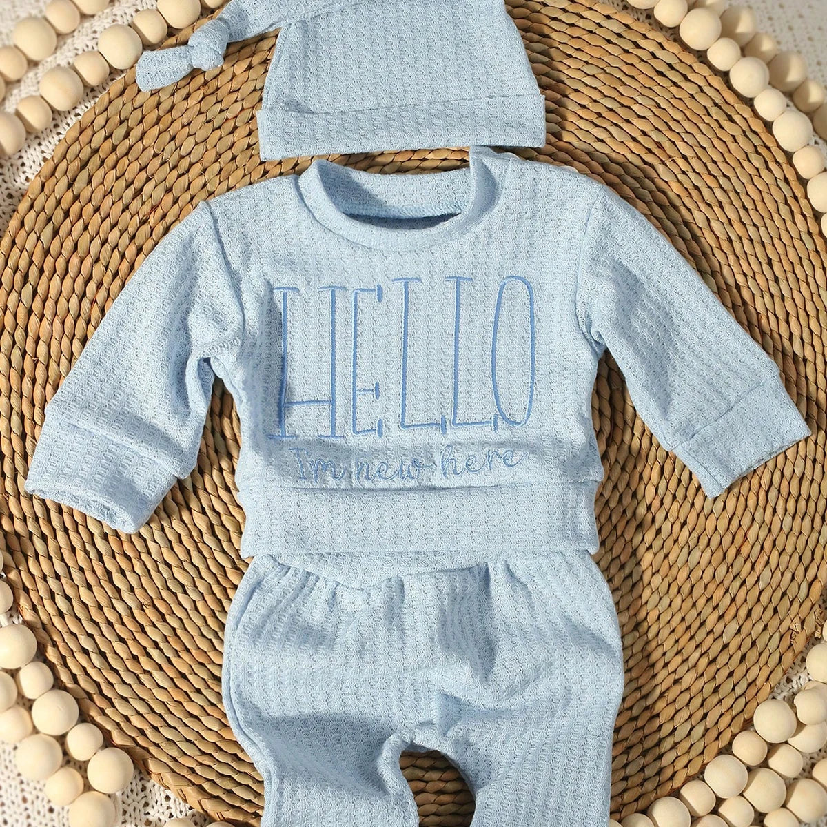 Ylsteed "bonjour" broderie nouveau-né photographie accessoires infantile barboteuse combinaison avec chapeau à nœud bébé à la maison tenue bébé Photo cadeau