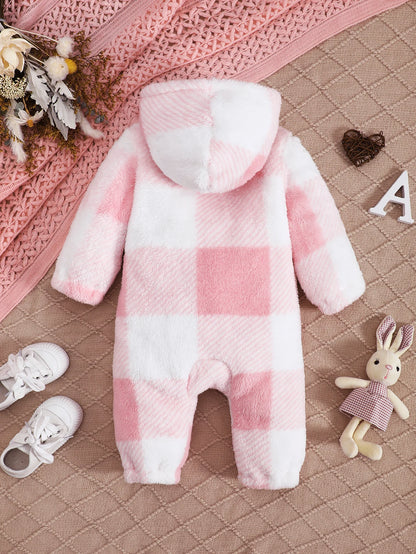 Barboteuse à carreaux pour bébés garçons et filles, combinaison à capuche et manches longues en peluche, vêtements chauds d'hiver pour tout-petits garçons de 3 à 24 mois