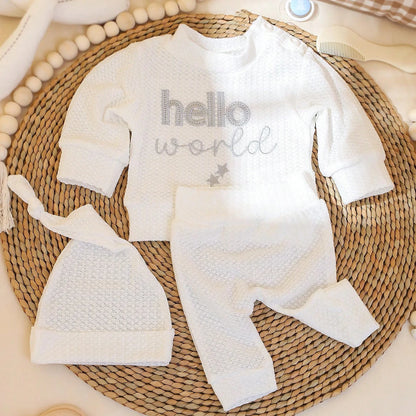 Ylsteed "bonjour" broderie nouveau-né photographie accessoires infantile barboteuse combinaison avec chapeau à nœud bébé à la maison tenue bébé Photo cadeau