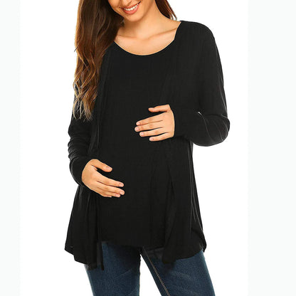 Automne hiver à manches longues col rond faux deux pièces à lacets allaitement femmes enceintes haut T-shirt vêtements d'extérieur pour femmes enceintes