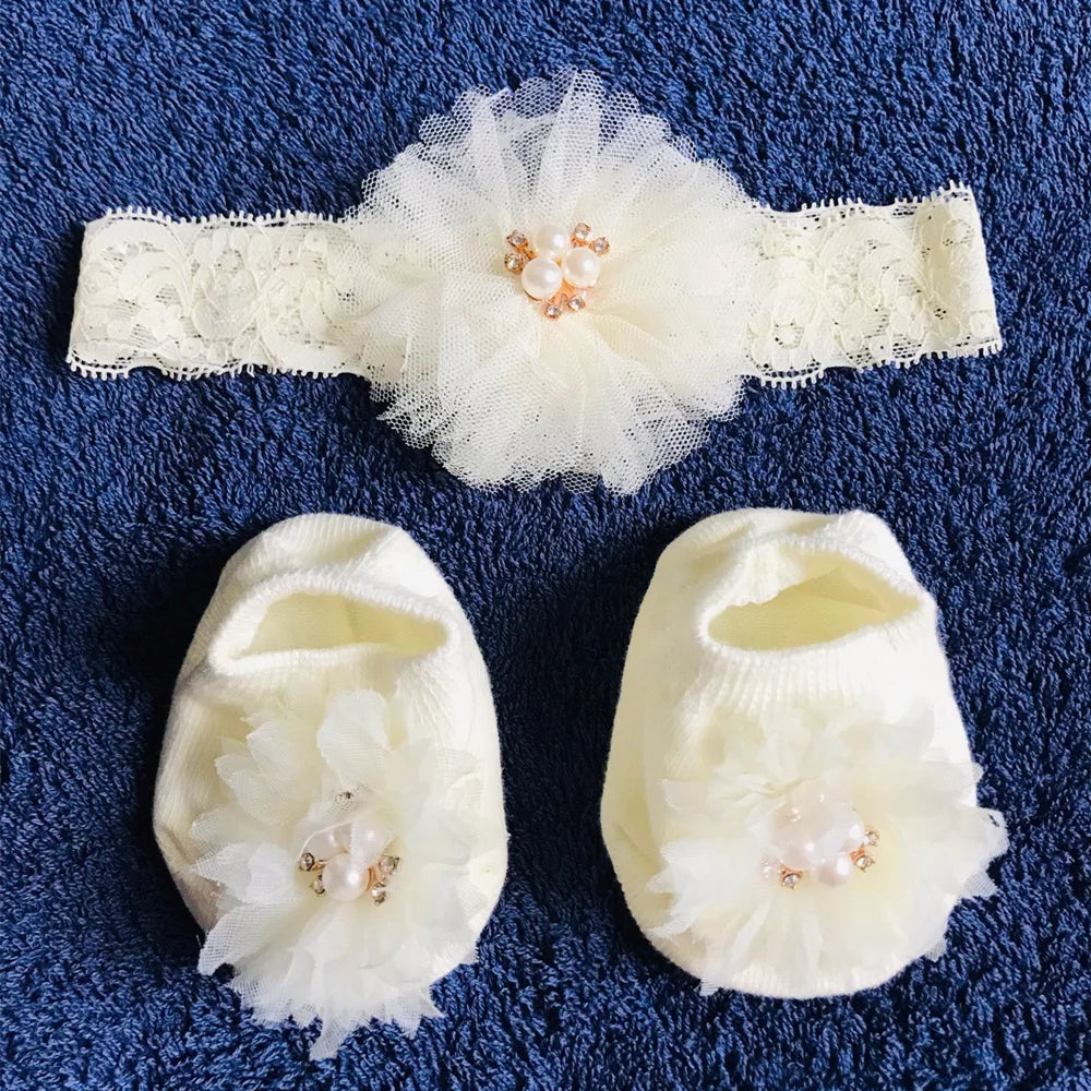 Ensemble de chaussettes et bandeau pour bébé, jolis nœuds en perles, chaussettes antidérapantes en coton, dentelle fleur, bandeau pour nouveau-né, Turban, accessoires pour cheveux de fille