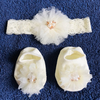 Ensemble de chaussettes et bandeau pour bébé, jolis nœuds en perles, chaussettes antidérapantes en coton, dentelle fleur, bandeau pour nouveau-né, Turban, accessoires pour cheveux de fille