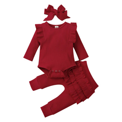 3 pièces bébé fille tenue ensemble nouveau-né enfant en bas âge enfants ensemble de vêtements bébé filles dentelle volants coton body + pantalon + bandeau vêtements