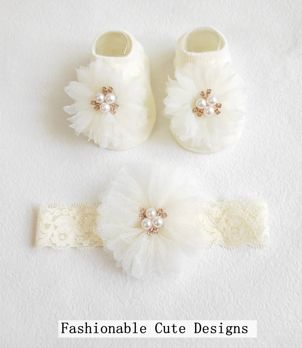 Ensemble de chaussettes et bandeau pour bébé, jolis nœuds en perles, chaussettes antidérapantes en coton, dentelle fleur, bandeau pour nouveau-né, Turban, accessoires pour cheveux de fille