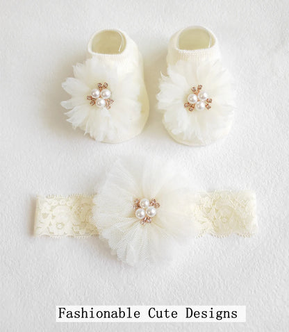 Ensemble de chaussettes et bandeau pour bébé, jolis nœuds en perles, chaussettes antidérapantes en coton, dentelle fleur, bandeau pour nouveau-né, Turban, accessoires pour cheveux de fille