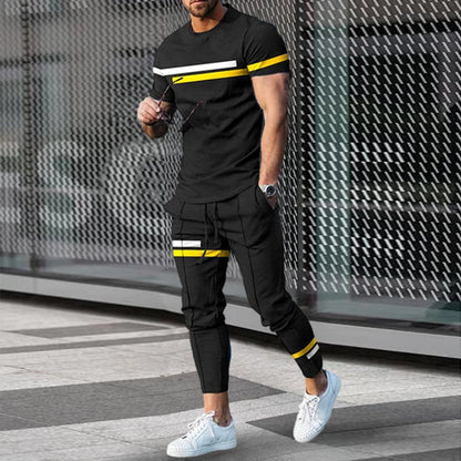 Ensemble de survêtement à manches courtes pour hommes, t-shirt décontracté, olympiques Y-pantalon, vêtements à col rond, mode sportive, fjCasual, 2 pièces