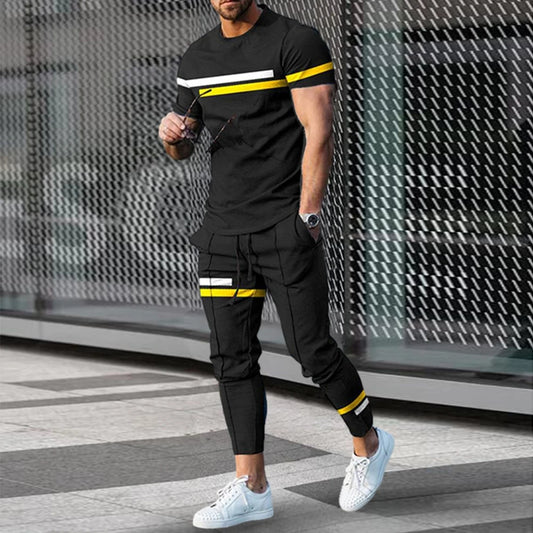 Ensemble de survêtement à manches courtes pour hommes, t-shirt décontracté, olympiques Y-pantalon, vêtements à col rond, mode sportive, fjCasual, 2 pièces