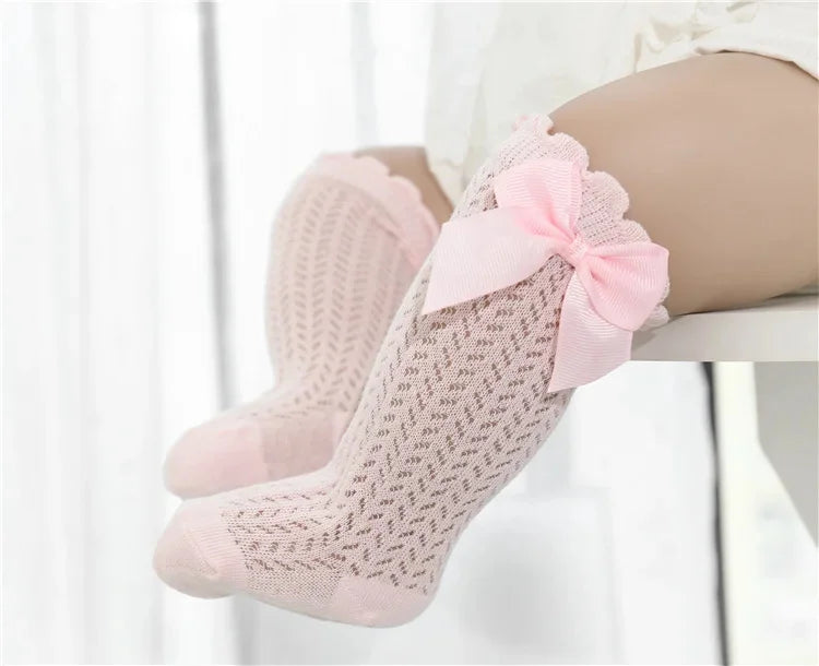 Chaussettes d'été en coton pour bébé fille de 0 à 24 mois, avec nœud en maille et dentelle, aux genoux, pour nouveau-né, princesse, longues, nouvelle collection 2024