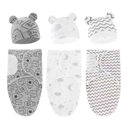 Ensemble de couverture et chapeau pour bébé de 0 à 6 mois, en coton imprimé de dessin animé, emmaillotage réglable pour nouveau-né, enveloppes de couchage pour nourrissons, toutes saisons