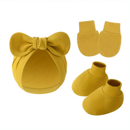 3 pièces/ensemble bébé nœud chapeau gants chaussettes coton nouveau-né Bonnet couleur unie Bonnet pour filles garçons infantile douche cadeaux 0-6M