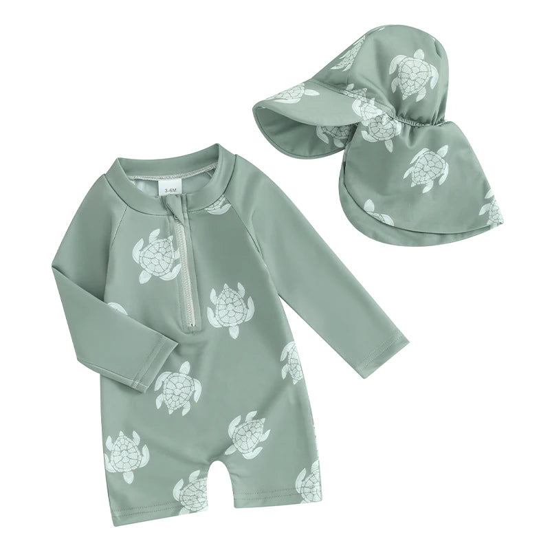 Tregren – maillot de bain pour garçons, protection contre les éruptions cutanées, manches longues, imprimé tortue/dinosaure, avec bonnets de bain, vêtements de plage