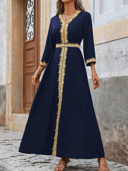 Women's Elegant Middle Eastern Maxi dress - Navy Blue Formal & casual gown with Long Sleeves, Non-Stretchy Elegant attire for Weddings, Cultural Events, Casual Attire - Machine Washable Traditional Dress, Formal Dresses, Vaca