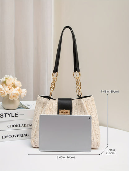 Women'S 2025 New Year Handwoven Straw Tote Bag - Black Accents, Honeycomb Pattern, Adjustable Shoulder Strap, Kiss Lock Closure, Machine Washable, Beach & Casual Style, Casual Tote Bag|Honeycomb Pattern Bag|Durable Handle Bag