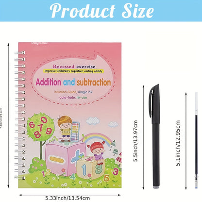 4pcs Magic Practice Copybooks Set for Kids, Reusable 3D Groove Writing Pad, Traceable Letters, Numbers, Painting and Math Workbooks for Preschoolers - Educational Handwriting Practice Ki