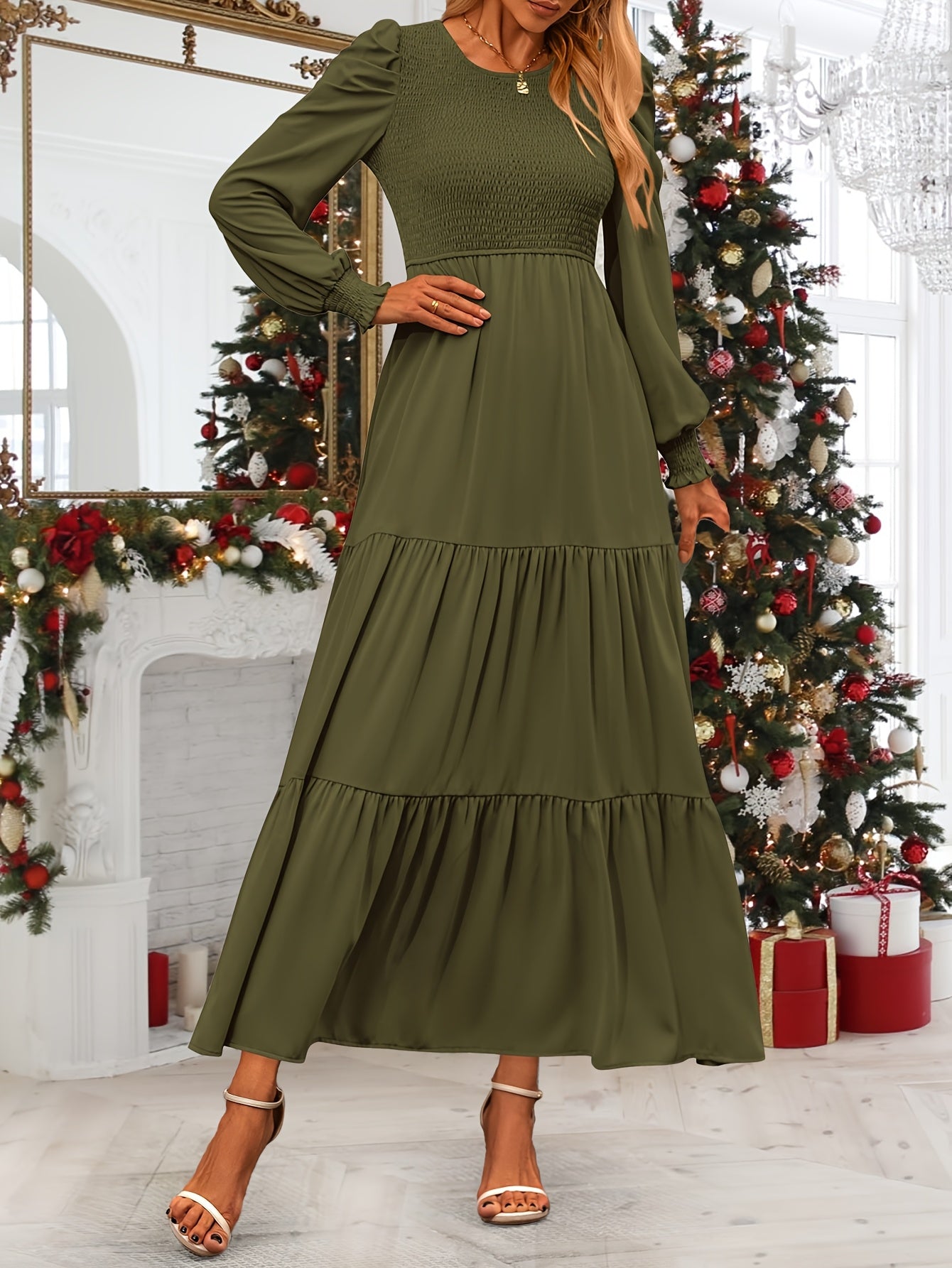 Women's Fall Wedding Guest Dress Long-sleeved Extra-long Dress Casual Crew-neck Pleated A-line Flowing Dress