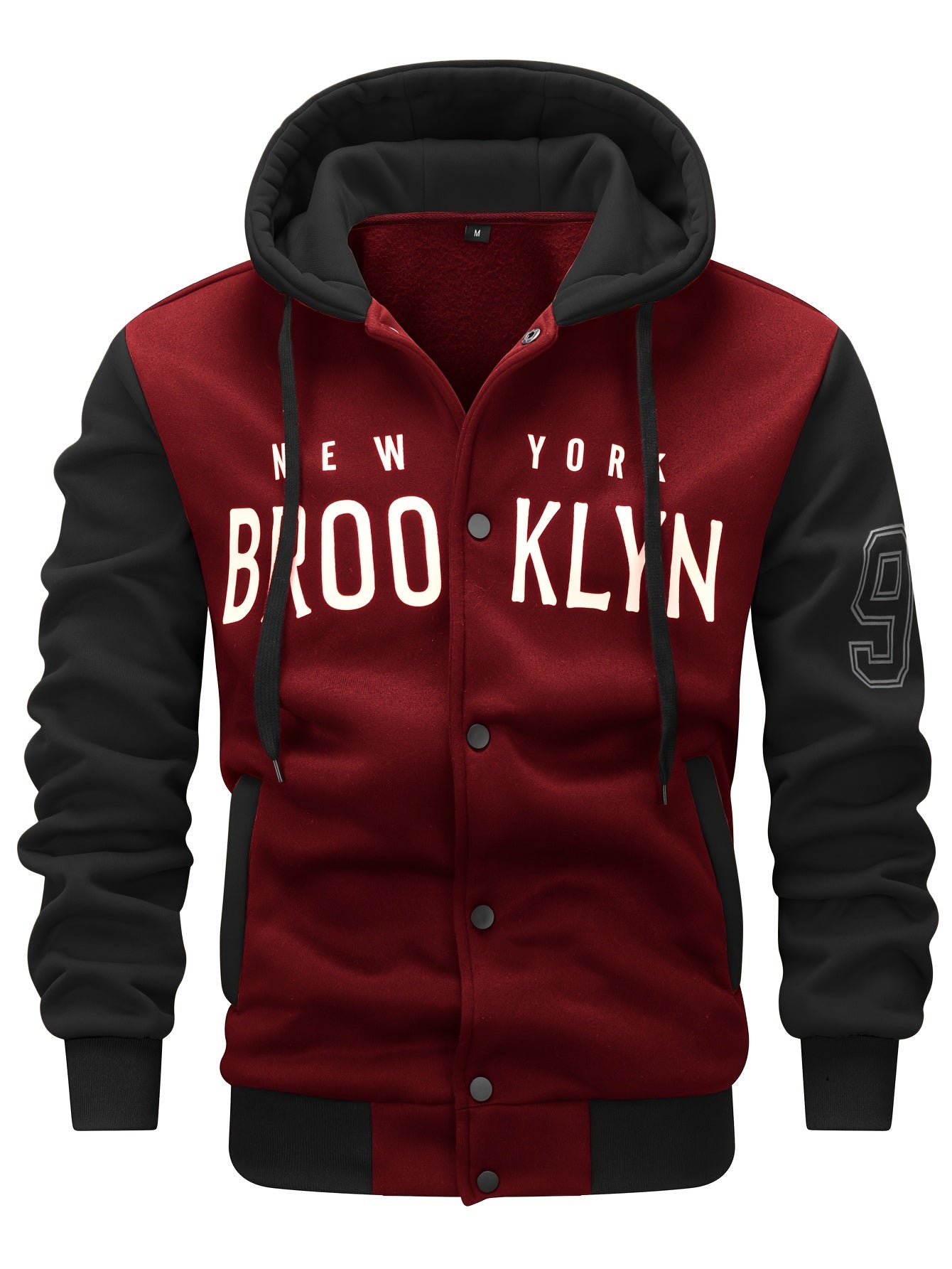 Men'S New Fall/Winter Casual Printed Hooded Baseball Jacket, Knitted Fabric, Regular Fit, Long Sleeve, Letter Pattern, Pocket, Single Button Closure, Daily & Leisure Wear