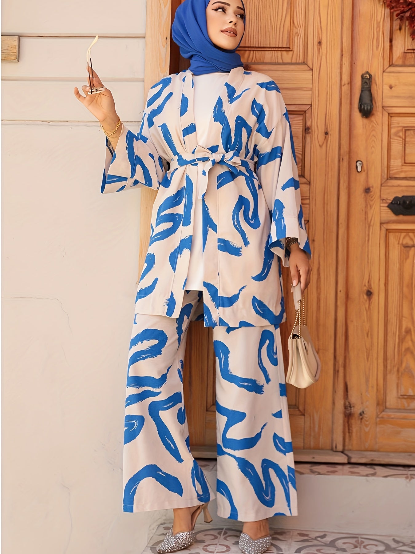 1 Set Elegant Geometric Print Open Front Abaya with Belt, Polyester Woven Pants Suit for Spring/Summer/Fall - Middle Eastern Style