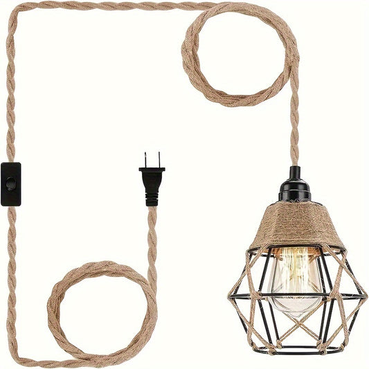 11.5ft Industrial Plug-In Pendant Light with On/Off Switch, Hemp Rope Hanging Lamp for Kitchen Island, Bedroom & Living Room, Metal Shade, Semi-Flush Mount, US Plug, Detachable Chandelier, Living Room Lighting | Natural Hemp
